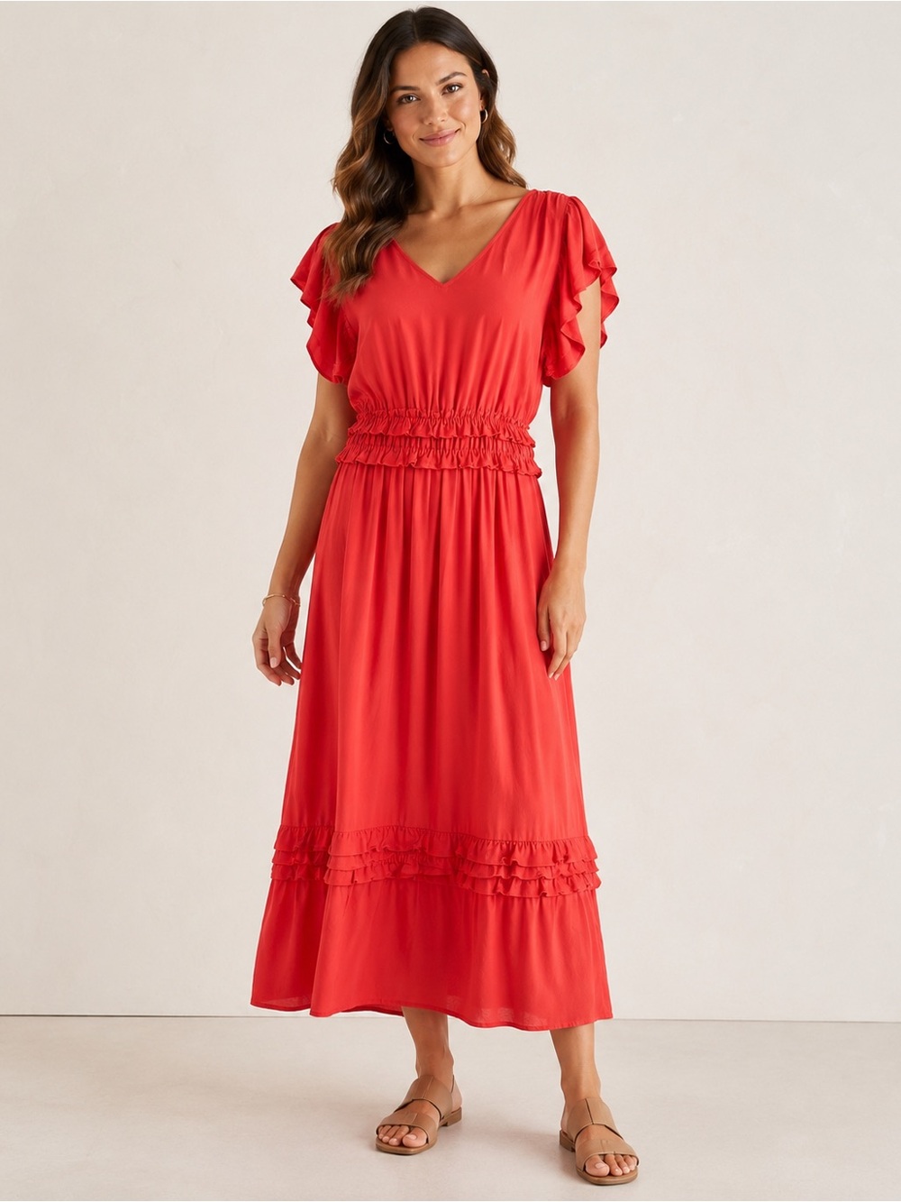 NWT J.Jill Persimmon Flutter Sleeve Ruffle Midi Dress MT